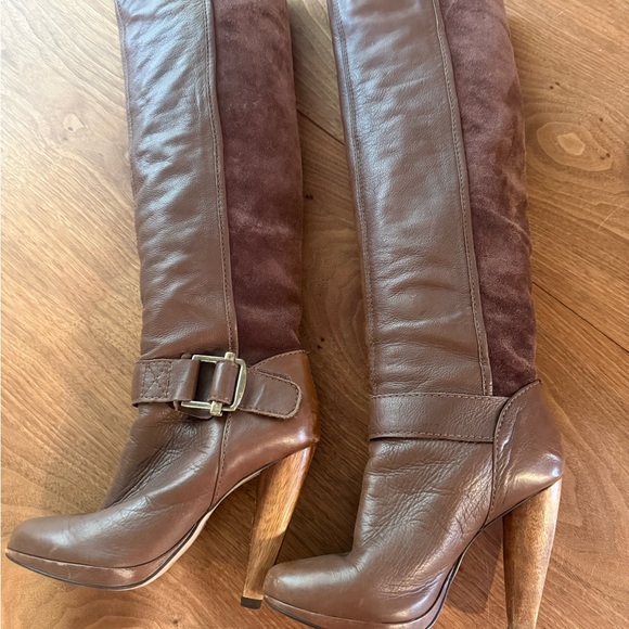 French Connection Shoes - French Connection Chocolate Brown Over-the-Knee Leather & Suede High Heel Boots